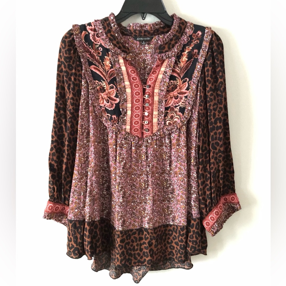 🔥John Mark Mixed Print Peasant Blouse